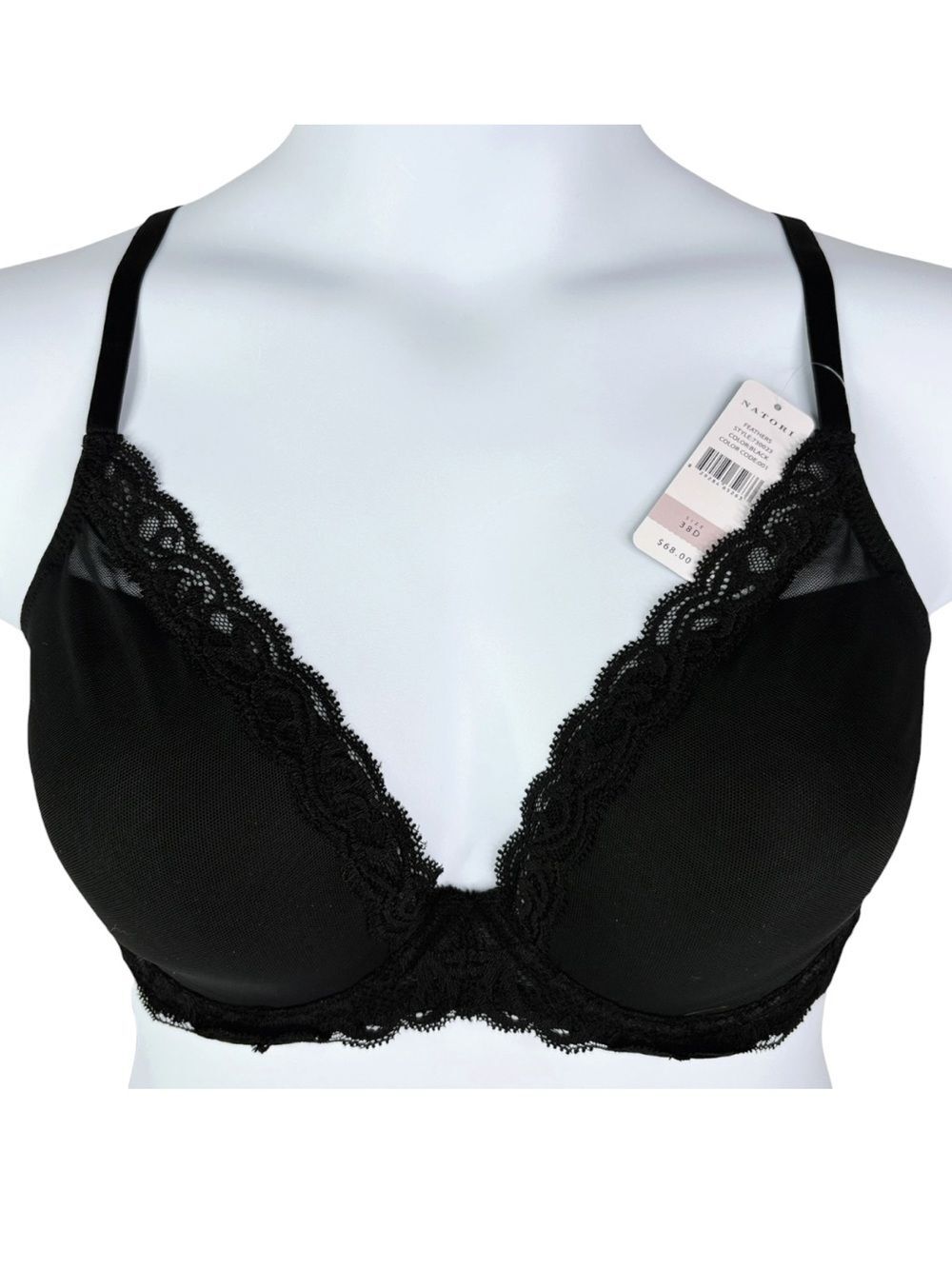 NWT Natori Feathers Lace Plunge Bra sz 38D * Solid Black Underwire Bra Mesh Lace